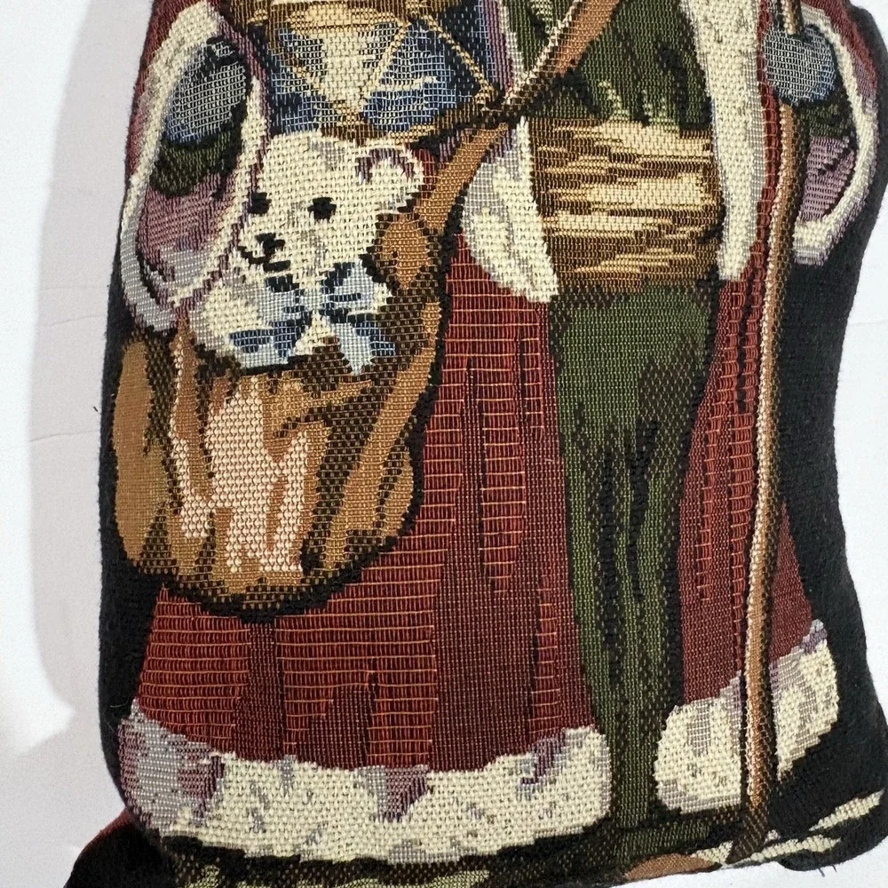 Vtg Christmas Needlepoint Tapestry Throw Pillow Old World Santa Decorative